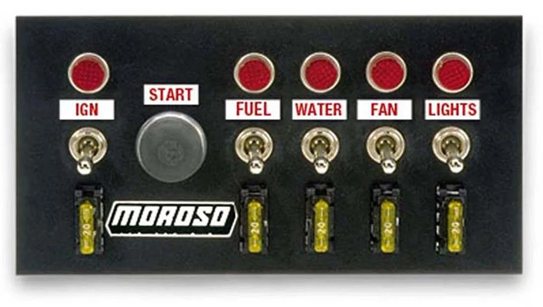 74131 – MOROSO Switch Panel, With 5 Toggle Switches/ 1 Push Button Start Switch 5 Red Indicator Lights Black Panel Al...